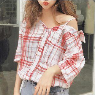 Off Shoulder Plaid 3/4 Sleeve Shirt