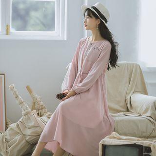 Long-sleeve Flower Embroidered Midi A-line Dress