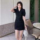 Short-sleeve V-neck Ruched Mini Bodycon Dress