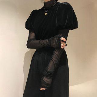 Velvet Short-sleeve Top / Mesh Long-sleeve Top
