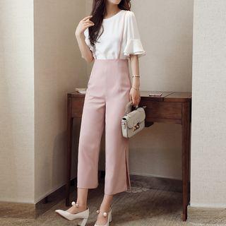 Set : Short-sleeve Chiffon Top + Wide Leg Pants