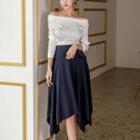 Off-shoulder Long-sleeve T-shirt / Asymmetric Hem A-line Skirt / Set