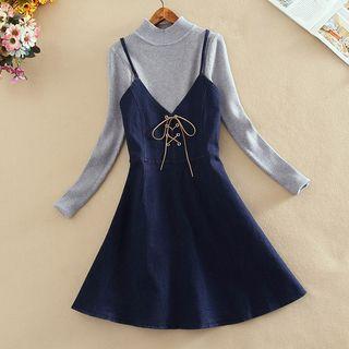Set: Mock-neck Long-sleeve Knit Top + Spaghetti Strap A-line Pinafore Dress