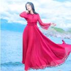 Long-sleeved Frill Trim Tie-waist Plain Dress