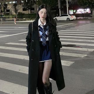 Double Breasted Long Coat Padded Edition - Black - One Size