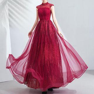 Sequined Rhinestone Cap-sleeve A-line Evening Gown
