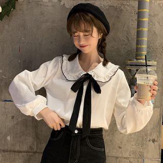 Long-sleeve Tie-neck Frill Trim Collar Blouse White - One Size