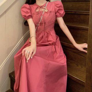 Puff-sleeve Smocked Cutout Midi A-line Dress