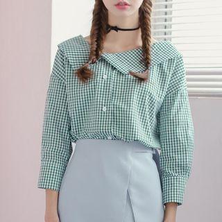 Asymmetric Collar 3/4 Sleeve Gingham Shirt
