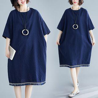 Elbow-sleeve Midi A-line Dress Navy Blue - One Size