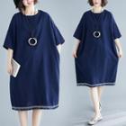 Elbow-sleeve Midi A-line Dress Navy Blue - One Size
