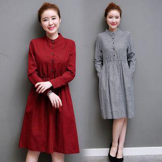 Plaid Long Sleeve Band Collar Dress