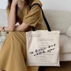Lettering Print Canvas Tote Bag Black Strap - Zipped - Off-white - One Size