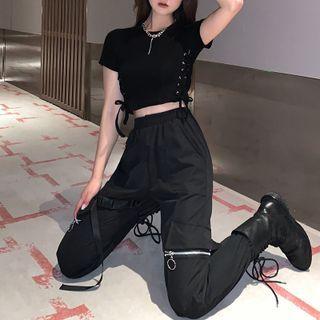 Short-sleeve Lace-up Cropped T-shirt / Zip Detail Cargo Harem Pants / Set