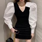 Puff-sleeve Two-tone Mini Sheath Dress