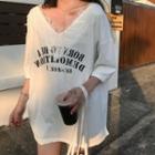 Elbow-sleeve Lace Trim Lettering Print T-shirt