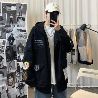 Badged Lettering Zip-up Hooded Jacket