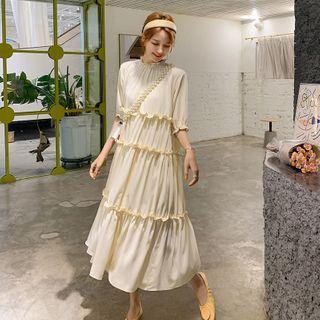 Stand-collar Ruffle-trim Elbow-sleeve Dress