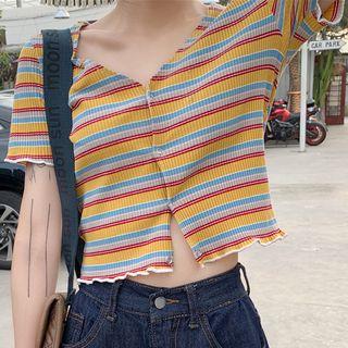 Striped Short-sleeve Cropped Cardigan