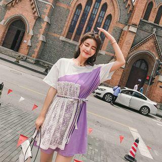 Lace Panel Color Block Short-sleeve T-shirt Dress