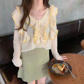Ruffle Trim Open Knit Top / High-waist Plain Skirt