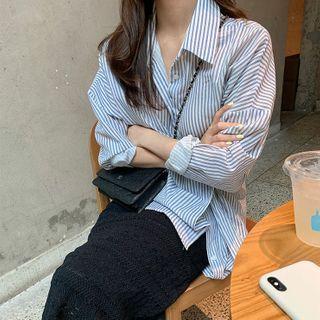 Striped Shirt / Lace Midi Skirt