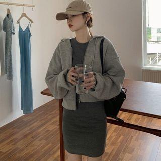 Crew-neck Long-sleeve Mini Sheath Dress / Hooded Zip Jacket