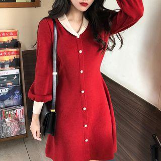 Contrast-trim Knit Shirtdress Red - One Size