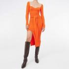 Square Collar Long Sleeve Asymmetric Midi Dress