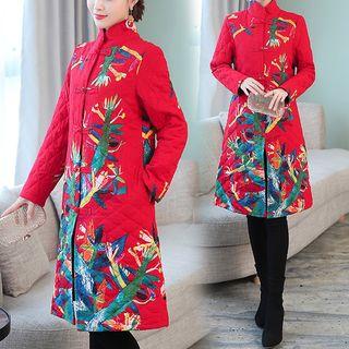 Stand Collar Print Frog-button Coat
