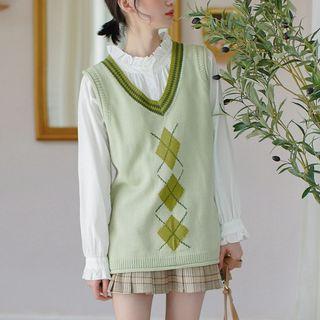 V-neck Patterned Knit Vest Green - One Size