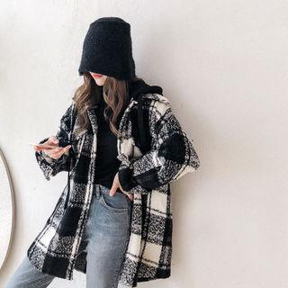 Hooded Wool Blend Plaid Jacket