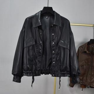 Drawstring-cuff Faux Leather Jacket