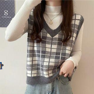 V-neck Lattice Knit Vest / Semi High-neck Long-sleeve Knit Top