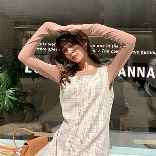 Set: Button-through Plaid Pinafore Dress + T-shirt
