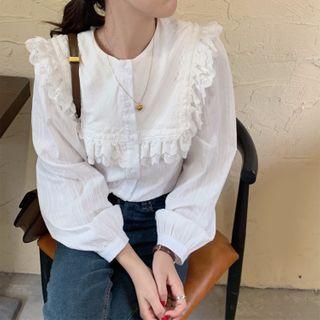 Lace Panel Ruffle Blouse White - One Size