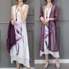 Set: Floral Print Sleeveless A-line Midi Dress + 3/4-sleeve Long Jacket