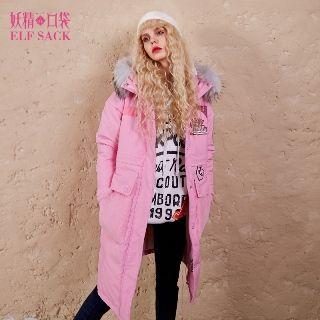 Furry-trim Hooded Applique Down Coat
