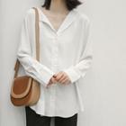 Long-sleeve Chiffon Plain Collar V-neck Button-up Blouse