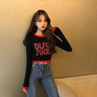 Long-sleeve Lettering Cropped Knit Top