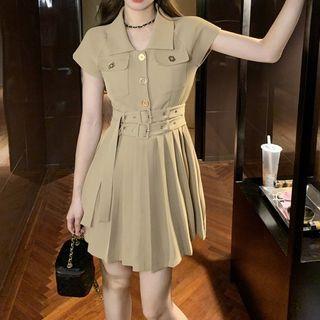 Short-sleeve Double Belted Mini Shirt Dress