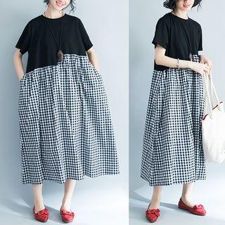 Short-sleeve Plaid Panel Midi Dress Plaid - Black - One Size