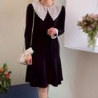 Lace-collar A-line Dress Black - One Size
