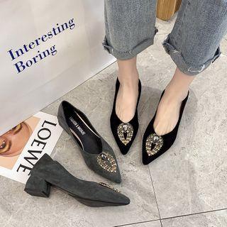Faux Suede Rhinestone Block-heel Pumps