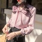 Perforated 3/4 Sleeve Tie-neck Chiffon Blouse