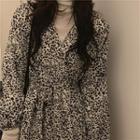 Long-sleeve Leopard Print Midi A-line Dress Leopard - Brown & White - One Size