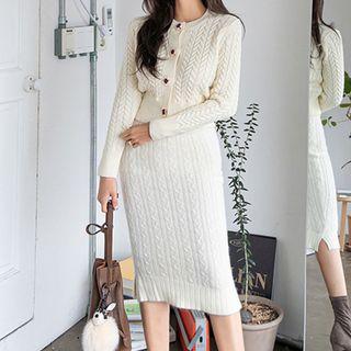 Set: Cable-knit Cardigan + Midi Knit Skirt Ivory - One Size