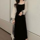Long-sleeve Mesh Velvet A-line Midi Dress