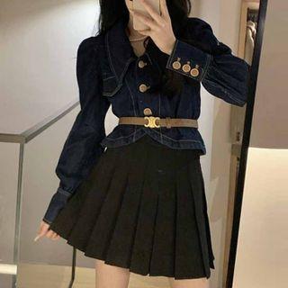 Puff-sleeve Denim Blouse / Pleated Mini A-line Skirt / Set