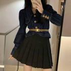 Puff-sleeve Denim Blouse / Pleated Mini A-line Skirt / Set